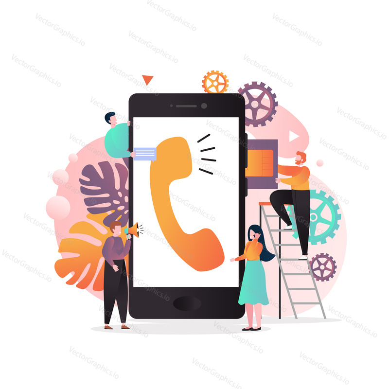 Vector illustration of big mobile phone and tiny people inserting SIM card into it, using smartphone etc. Wireless cellphone communication, SIM card technology concept for web banner website page etc.