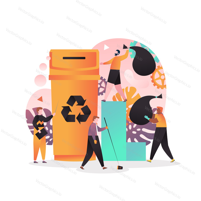 Vector illustration of tiny people picking up roadside trash, sorting and throwing it into big orange recycling garbage bin. Waste sorting and recycling concept for web banner, website page etc.