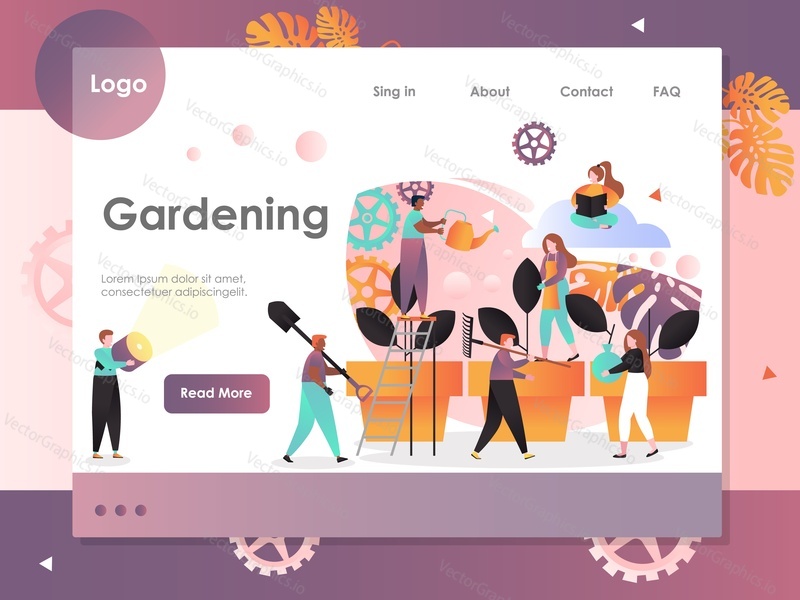 Gardening vector website template, web page and landing page design for website and mobile site development. Gardeners with spade, watering can, rake growing potted plants. Caring for plants concept.