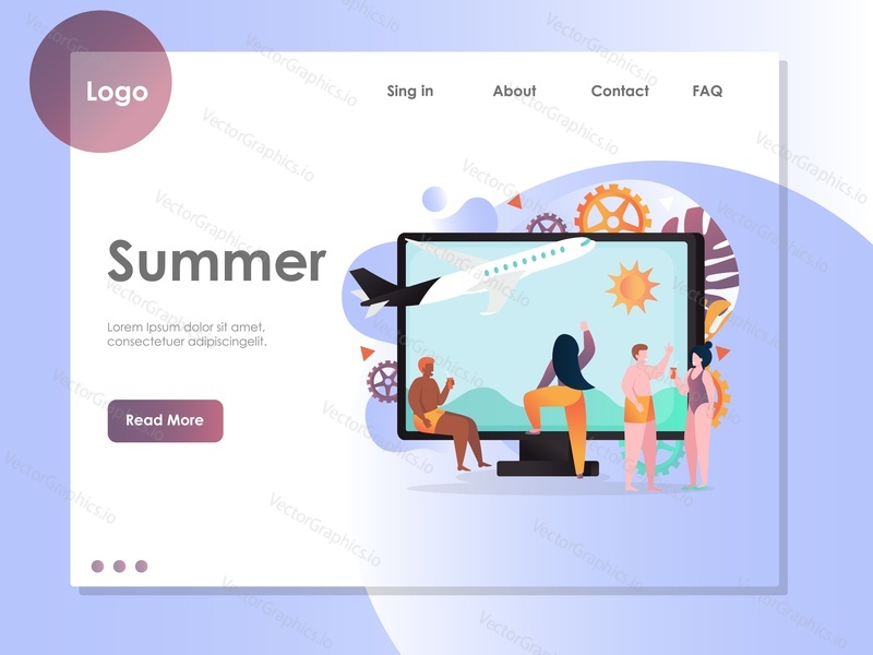 Summer vector website template, web page and landing page design for website and mobile site development. Booking flight, airline tickets online, summer vacation planning concept.