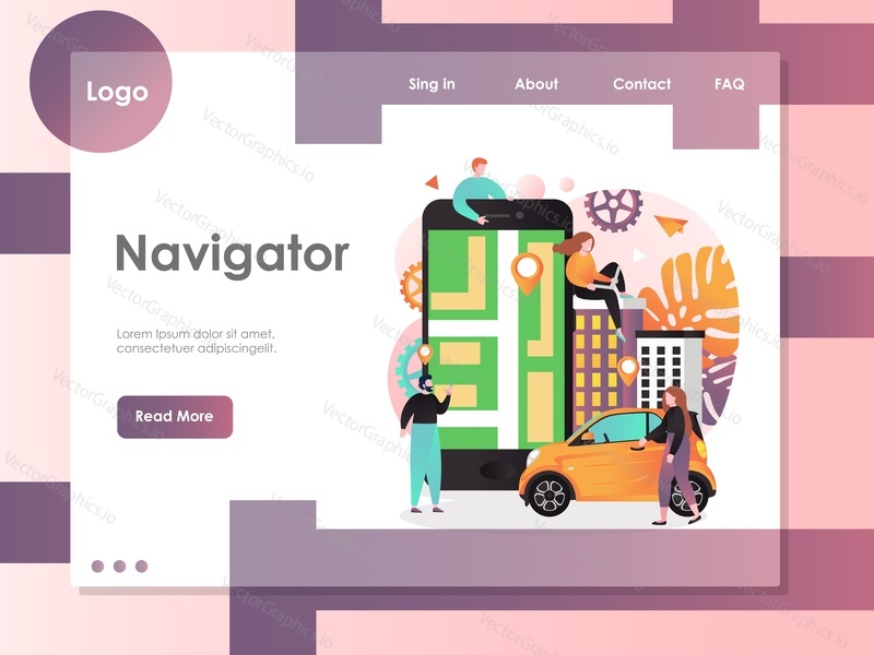 Navigator vector website template, web page and landing page design for website and mobile site development. GPS Navigation app, driving and walking route finder concept.