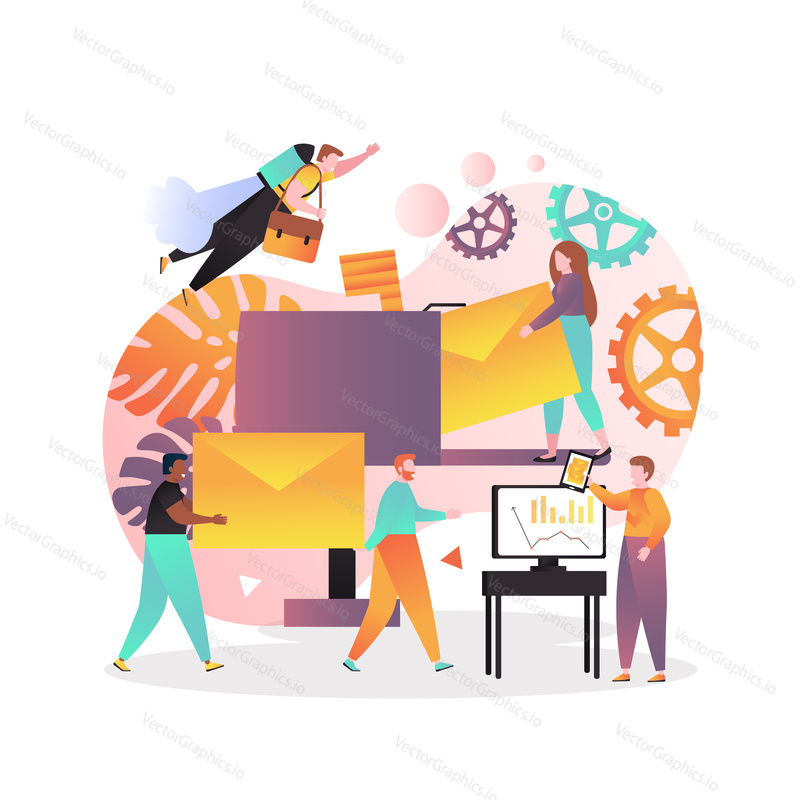 Vector illustration of tiny people with big envelopes, mailman flying with postbag delivering mail. Post office staff, postal delivery service concept for web banner, website page etc.