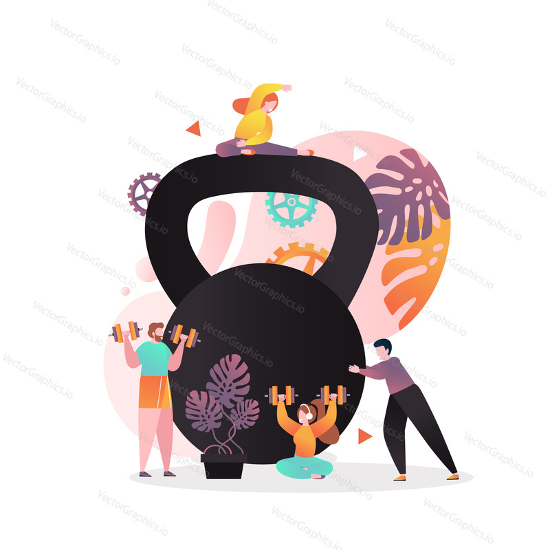 Vector illustration of big kettlebell and tiny people training and lifting weights. Gym facilities, fitness sport equipment concept for web banner, website page etc.