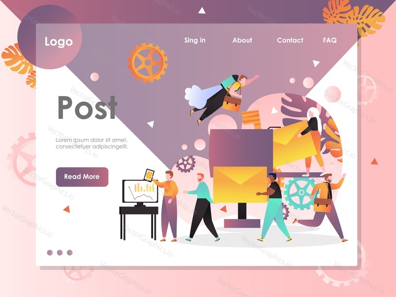 Post vector website template, web page and landing page design for website and mobile site development. Postal correspondence delivery service concept with characters, envelopes, mailmen with mailbags