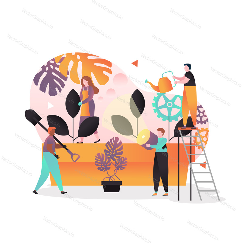 Vector illustration of tiny people gardeners growing big potted plants using garden tools such as watering can, spade etc. Spring gardening, plant care concepts for web banner, website page etc.