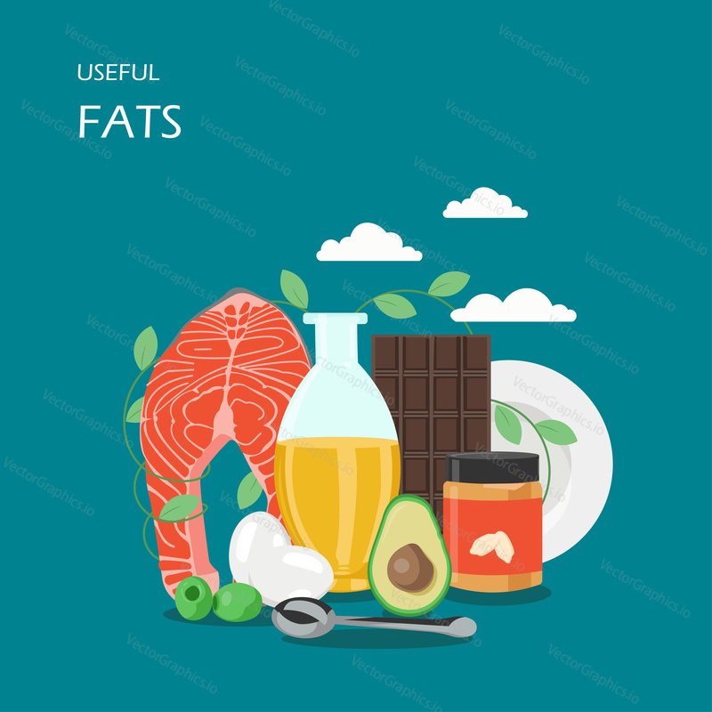 Useful fats vector flat style design illustration. Avocado, olives, vegetable oil, salmon fatty fish, eggs, dark chocolate and peanut butter. Foods with healthy fats for web banner, website page etc.