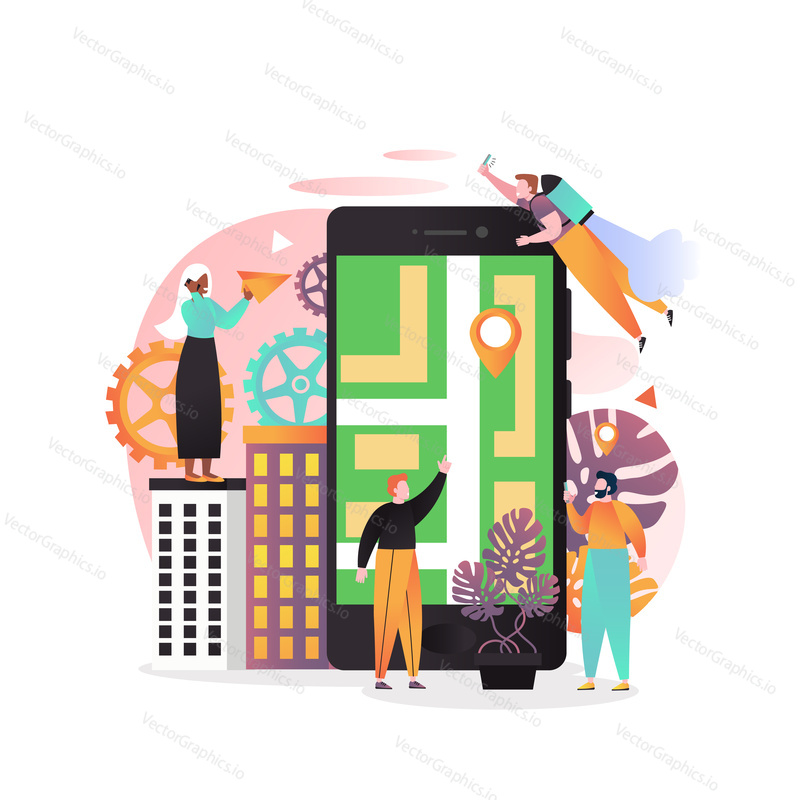 Vector illustration of big smart phone with map and location pin on screen, tiny people using mobile phone navigation. GPS Navigation app for trips and routes concept for web banner, website page etc.