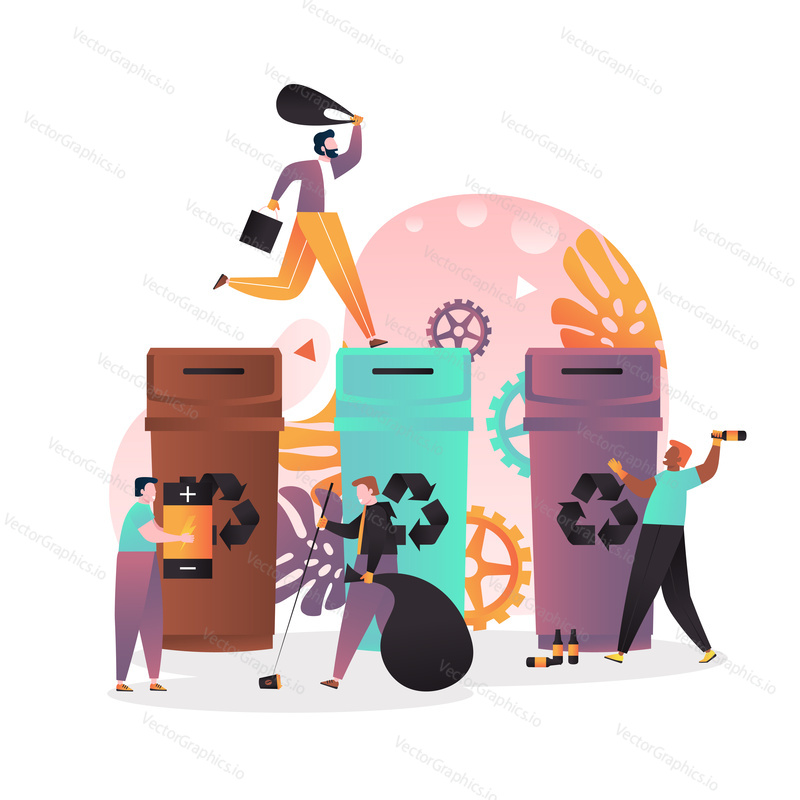 Vector illustration of tiny people collecting, sorting and throwing trash into big different color recycling garbage bins. Waste segregation and recycling concept for web banner, website page etc.