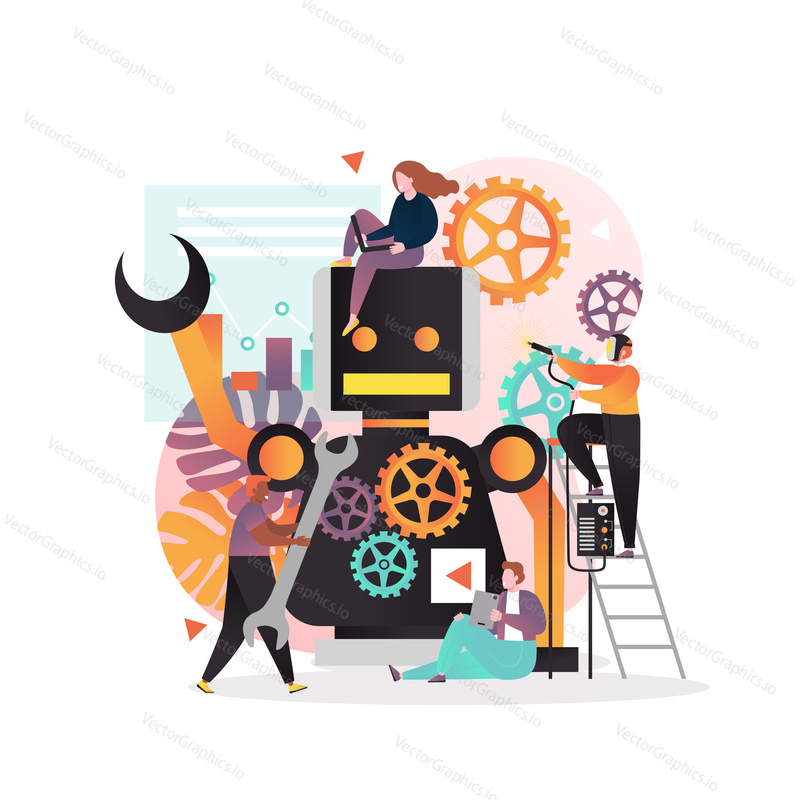 Vector illustration of tiny people engineers creating big robot. Engineering, robotics programming, robot software, robotic process automation concept for web banner, website page etc.