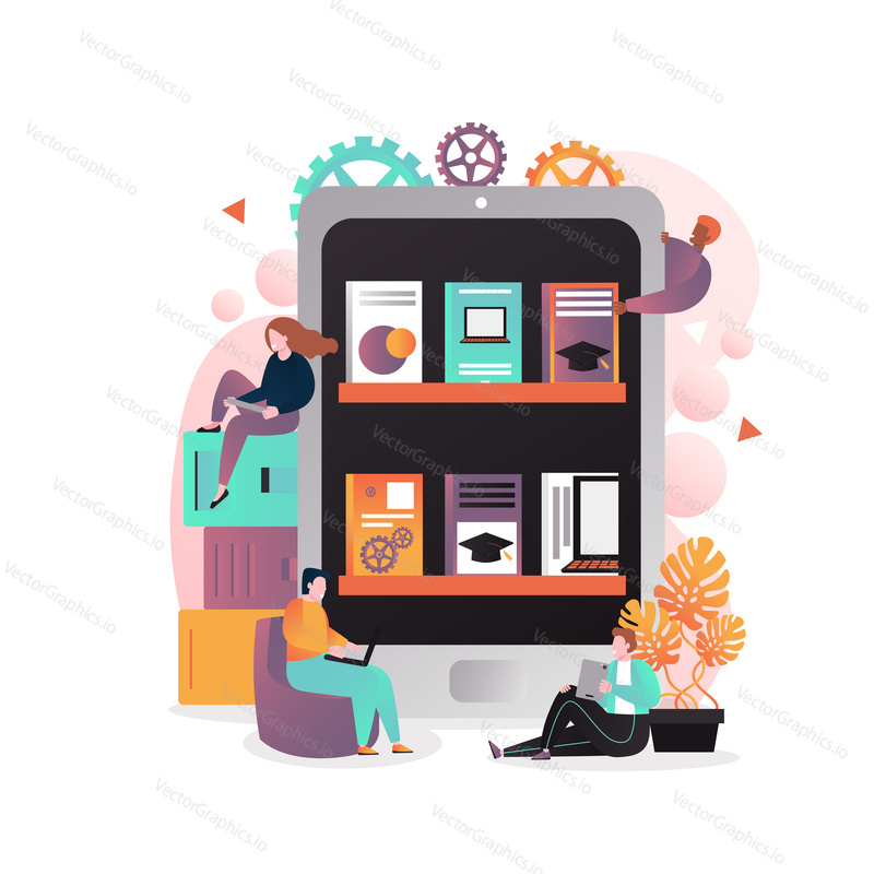 Vector illustration of big ebook with digital library, two men reading books using tablet and laptop, woman with tablet sitting on pile of books. Electronic book concept for web banner, website page.