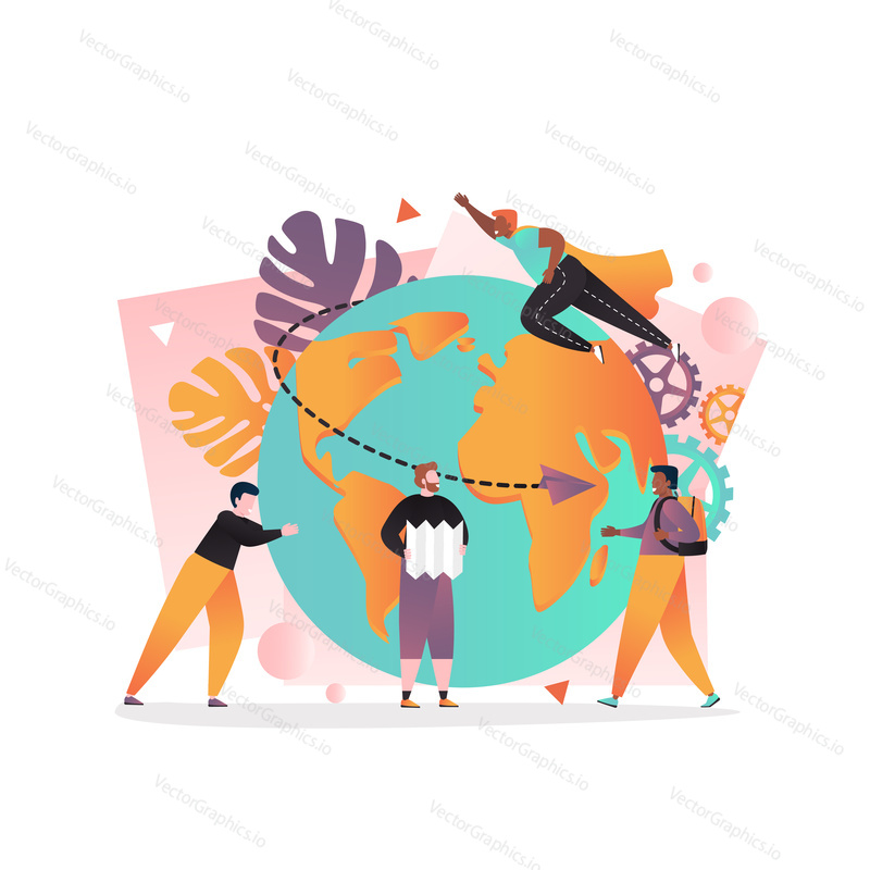 Vector illustration of big globe and tiny people traveling around the globe. Travel the world, international journey, tour agency service concept for web banner, website page etc.