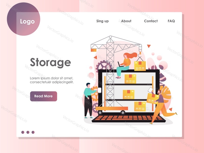 Storage vector website template, web page and landing page design for website and mobile site development. Warehouse management software concept.
