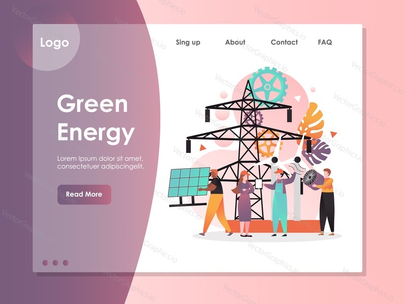 Green energy vector website template, web page and landing page design for website and mobile site development. Alternative clean energy and electricity concept.