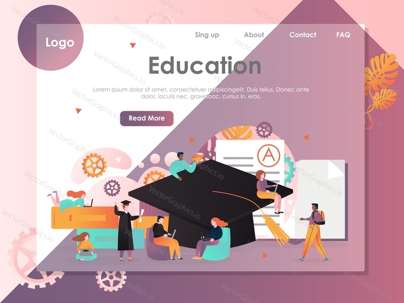 Education vector website template, web page and landing page design for website and mobile site development. Online education concept with graduation hat, people using laptops, holding diploma etc.