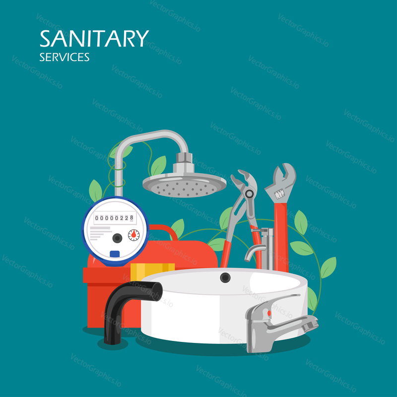 Sanitary services vector flat style design illustration. Pipe wrench, pliers, toolbox, bath tub, faucet, shower, pipe, water meter. Plumbing tools and accessories for web banner, website page etc.