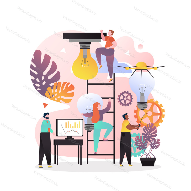 Vector illustration of tiny people climbing up ladder in order to screw in big light bulb. Way to success, leadership, career development, teamwork concepts for web banner, website page etc.