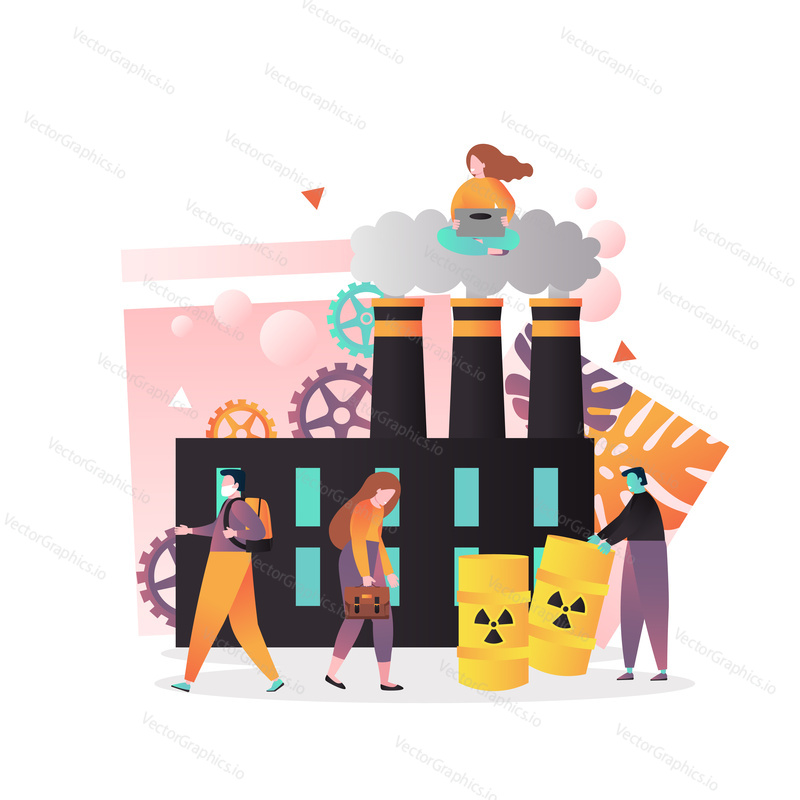 Vector illustration of nuclear power plant with smoking pipes, man wearing face mask, worker pushing barrel with nuclear symbol. Air pollution, non-renewable energy concepts for web banner, webpage.