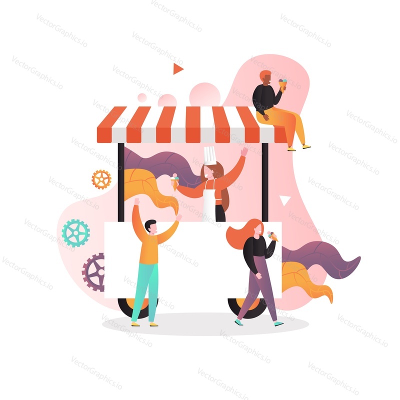 Huge ice cream cart and micro male and female characters eating icecream, vector illustration. Amusement park street trolley with sweet frozen food composition for web banner, website page etc.