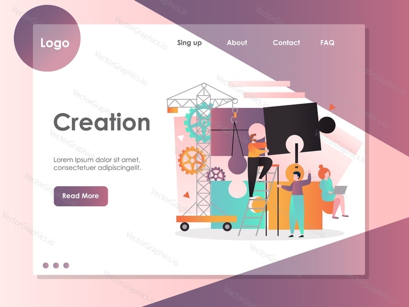 Creation vector website template, web page and landing page design for website and mobile site development. Business creation, solution, teamwork concepts.