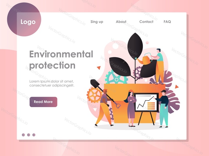 Environmental protection vector website template, web page and landing page design for website and mobile site development. Nature protection concept with people watering plant, holding presentation.