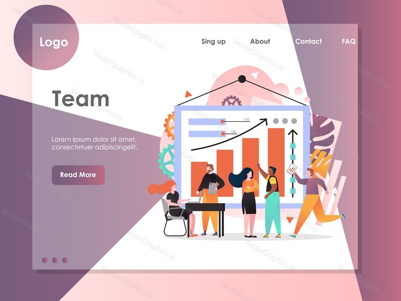 Team vector website template, web page and landing page design for website and mobile site development. Business teamwork, collaboration concept.