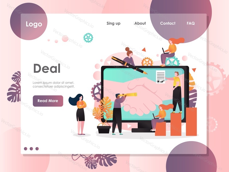 Deal vector website template, web page and landing page design for website and mobile site development. Business agreement, successful partnership idea with computer handshake people signing contract.