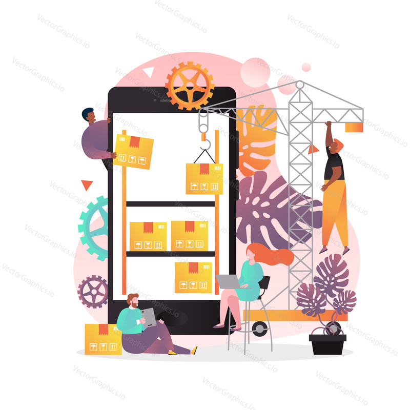 Warehouse storage app concept vector illustration. Tower crane putting cardboard boxes on big mobile phone shelves, tiny people workers. Mobile application for warehouse manager.