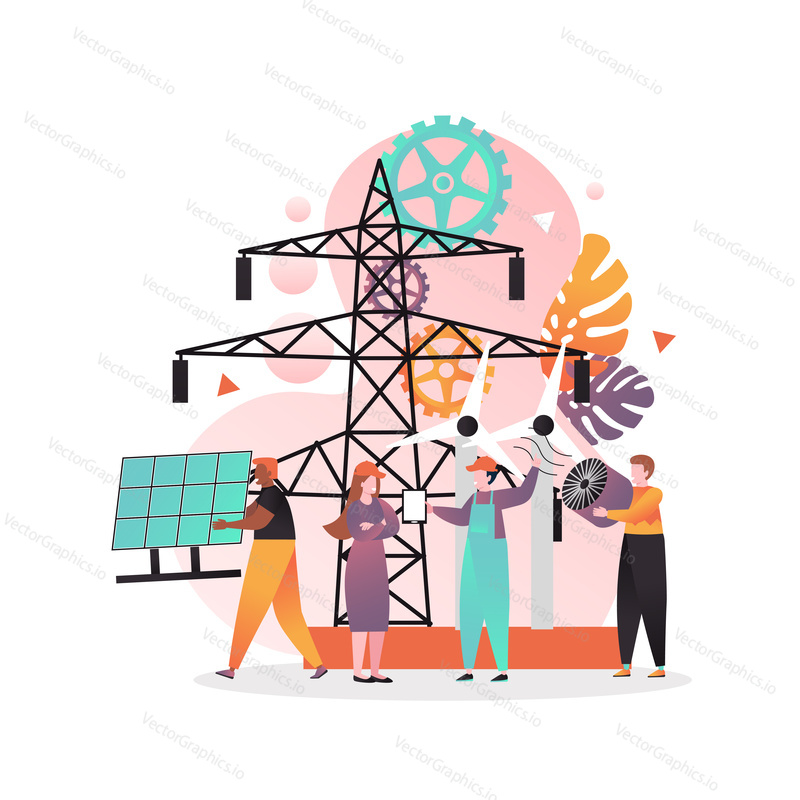 Vector illustration of high voltage power lines, wind turbines, workers installing solar panels. Green energy, renewable electric energy systems concepts for web banner, website page etc.