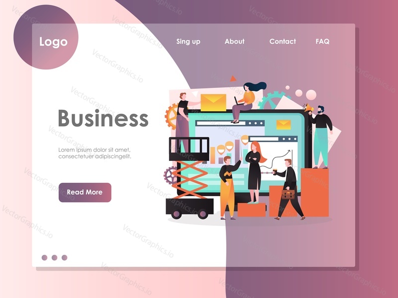 Business vector website template, web page and landing page design for website and mobile site development. Office situations concept with data dashboard, people texting messages, taking coffee break.