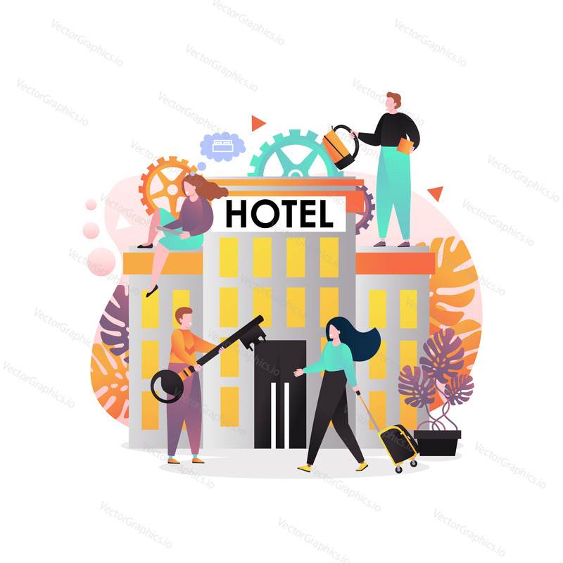 Vector illustration of hotel building, man giving big key to traveler woman with luggage. Hotel services concept for web banner, website page etc.