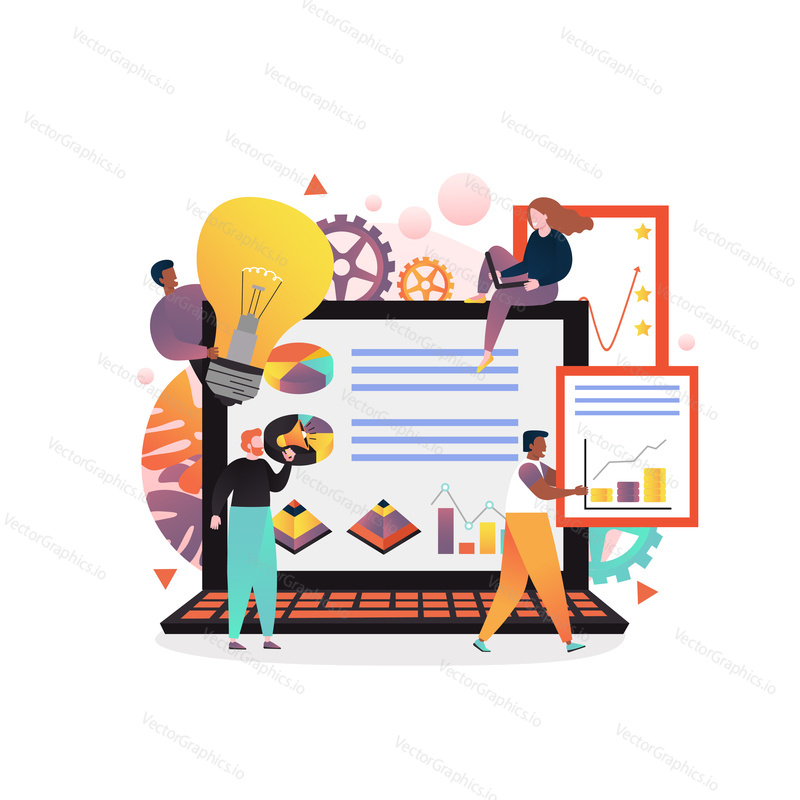 Vector illustration of big laptop and tiny people monitoring statistical dashboard, holding light bulb, shouting through megaphone. Business workflow process concept for web banner, website page etc.