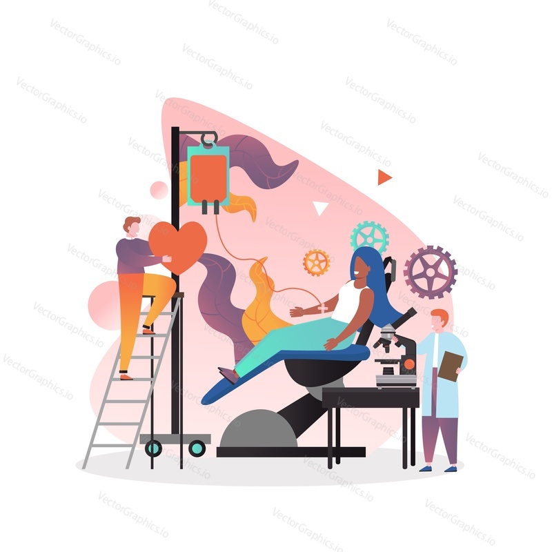 Blood transfusion, donation, medical analysis vector concept illustration. Man giving heart to woman sitting in medical chair, doctor, nurse male character standing next to microscope in clinical lab.