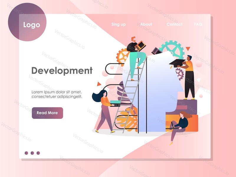 Development vector website template, web page and landing page design for website and mobile site development. Brain training, personal development concept with people putting books into big man head.