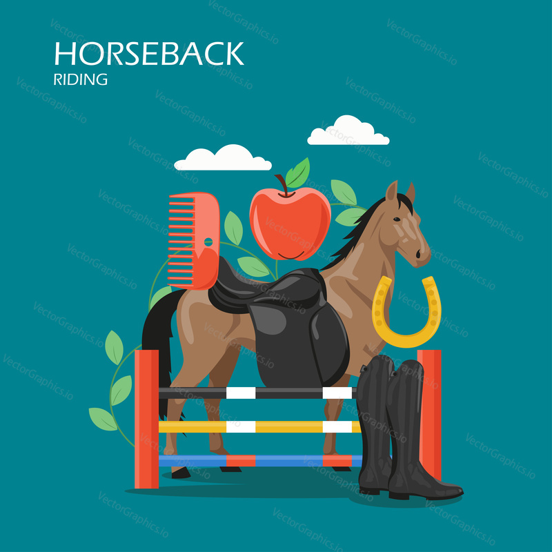 Horseback riding vector flat style design illustration. Race horse with saddle, jumping barrier, comb, boots and horseshoe. Equestrian sport equipment and gear composition for web banner, webpage etc.