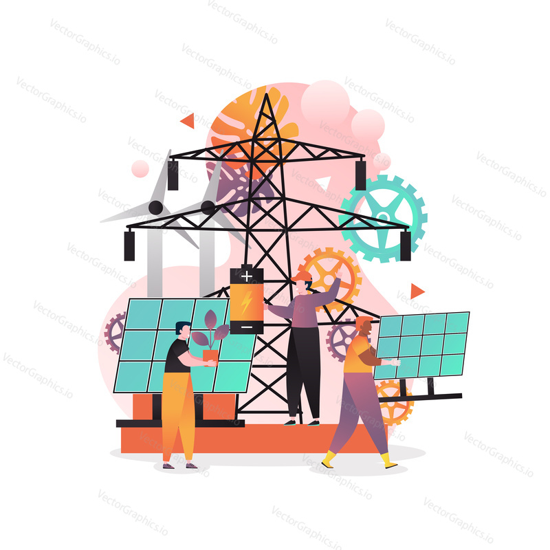 Vector illustration of high voltage power lines, wind turbines, workers holding solar panel, battery, plant. Green energy sources, renewable electricity generation concept for web banner website page.