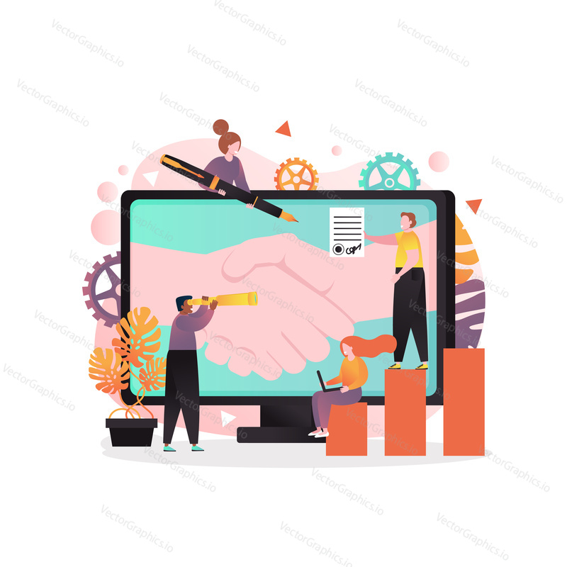 Vector illustration of big computer monitor with handshake and tiny people cartoon characters making a deal. Successful signing of contract, partnership, cooperation concept for web banner, webpage.