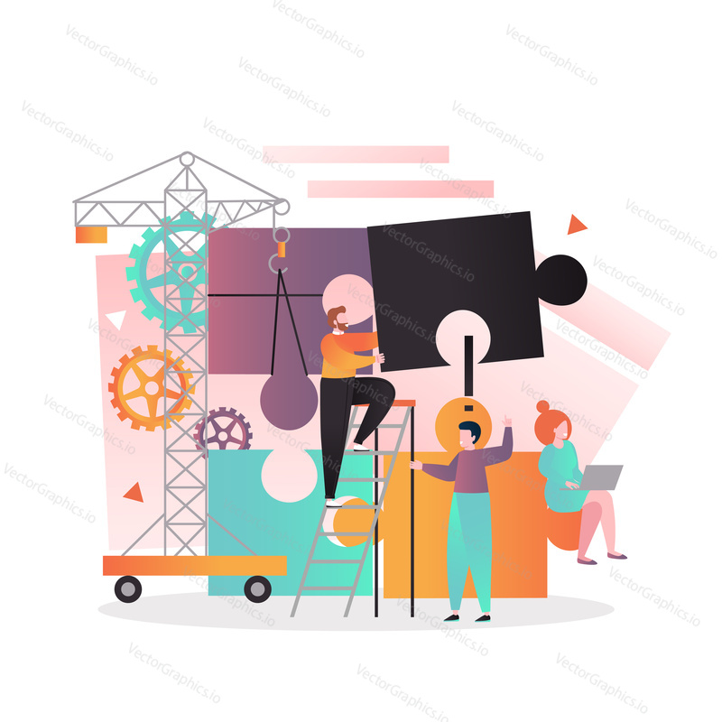 Vector illustration of tiny people and tower crane doing big jigsaw puzzle. Business creation, solution concepts for web banner, website page etc.