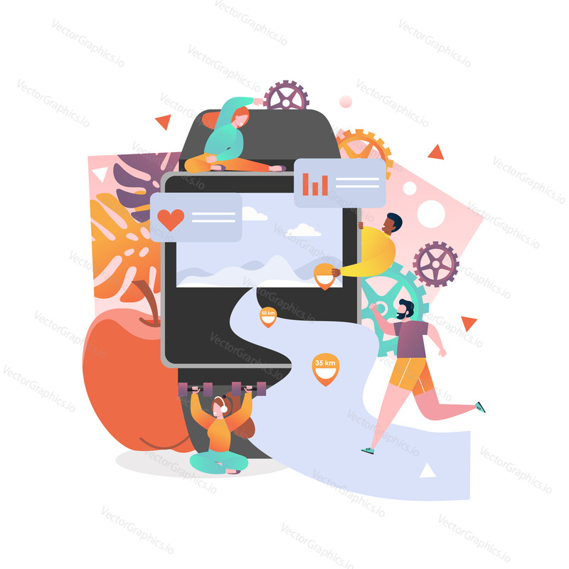 Vector illustration of big smart watch with activity tracking application and tiny people doing sports. Fitness running distance tracker with heart rate monitor for weight loss and health concept.