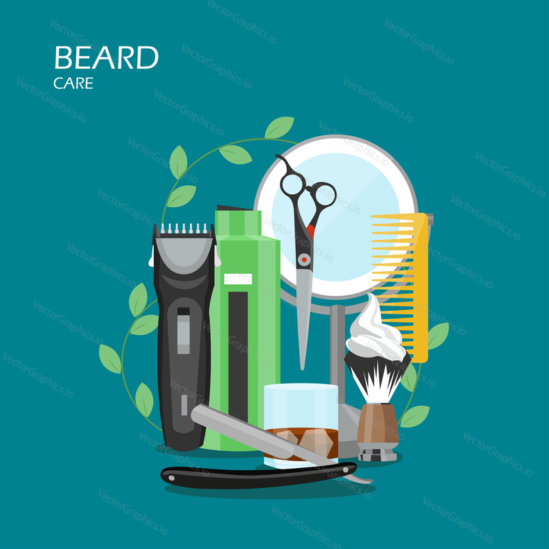 Beard care vector flat illustration. Hair shaving machine, mirror, comb, aftershave, straight razor, shaving brush with foam, scissors, shampoo. Barber supplies for beard grooming for website page etc