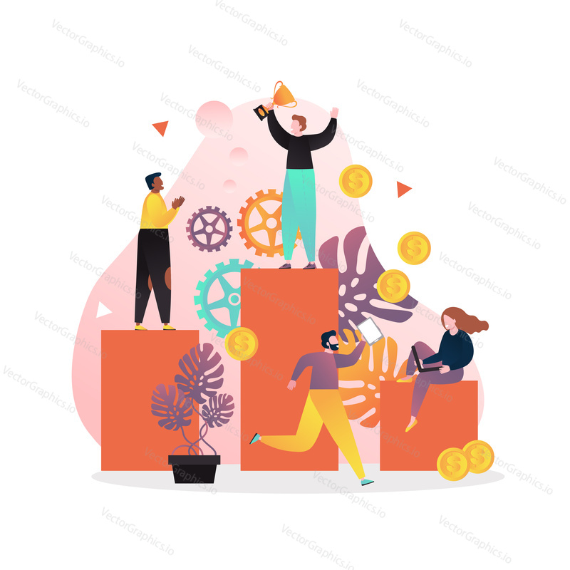 Vector illustration of happy businessman holding golden cup on bar graph top. Business team celebrating victory. Winner reward, business success, achievements concept for web banner website page etc.