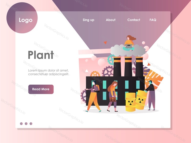 Plant vector website template, web page and landing page design for website and mobile site development. Air pollution, non-renewable energy concept with nuclear power plant, man wearing face mask etc