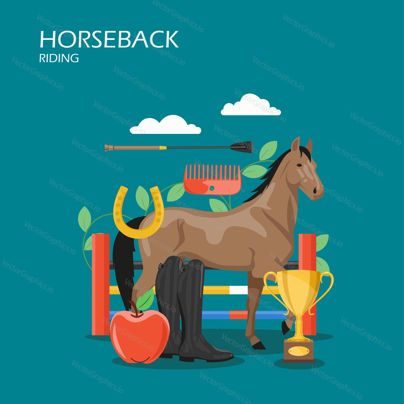 Horseback riding vector flat style design illustration. Race horse, jumping barrier, comb, boots, award cup, apple and horseshoe. Horse racing equipment, equestrian sport set for web banner, webpage.