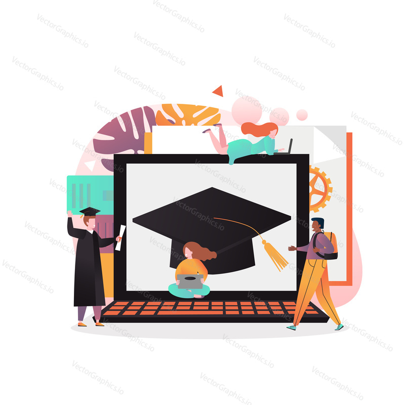Vector illustration of big laptop with graduation cap on screen and tiny graduate with diploma, woman using laptop. Distance education, e-learning, online courses concept for web banner, website page.