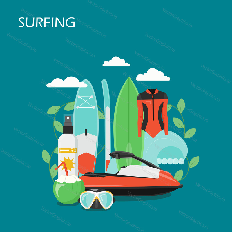 Surfing vector flat style design illustration. Surfboard, wetsuit, mask, water scooter, sunscreen, coconut cocktail and ocean wave. Surfing equipment, clothing and accessories for web banner, webpage.