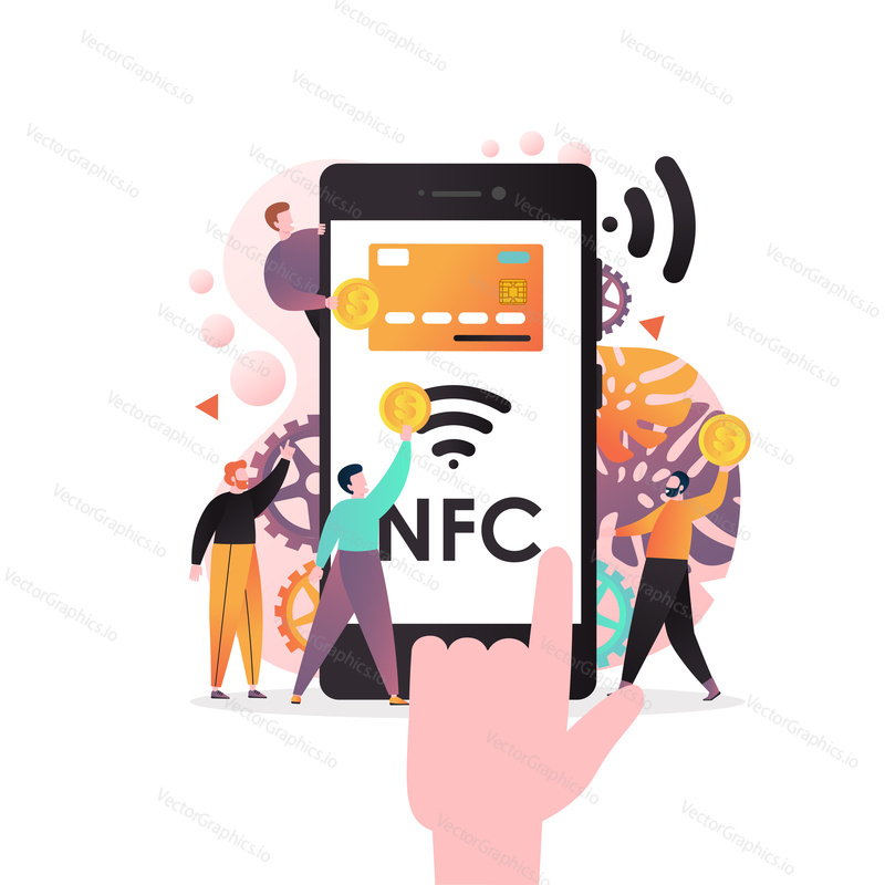 Vector illustration of big phone with bank card, nfc radio wave on screen, tiny people doing money transfer via near field communications enabled smartphone. NFC technology concept for web banner etc.