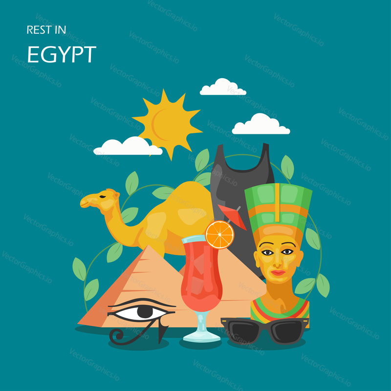Отдых в Египте векторная плоская иллюстрация. Египетские пирамиды, глаз Гора или Ваджета, бюст египетской царицы Нефертити, верблюд, купальник, коктейль, солнцезащитные очки. Концепция поездки в Египет для веб-баннера, веб-страницы.