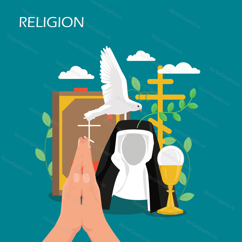 Religion vector flat style design illustration. Holy Bible, dove, praying hands, christian orthodox cross, nun wimple, holy chalice. Christianity, religious christian symbols for web banner, webpage.