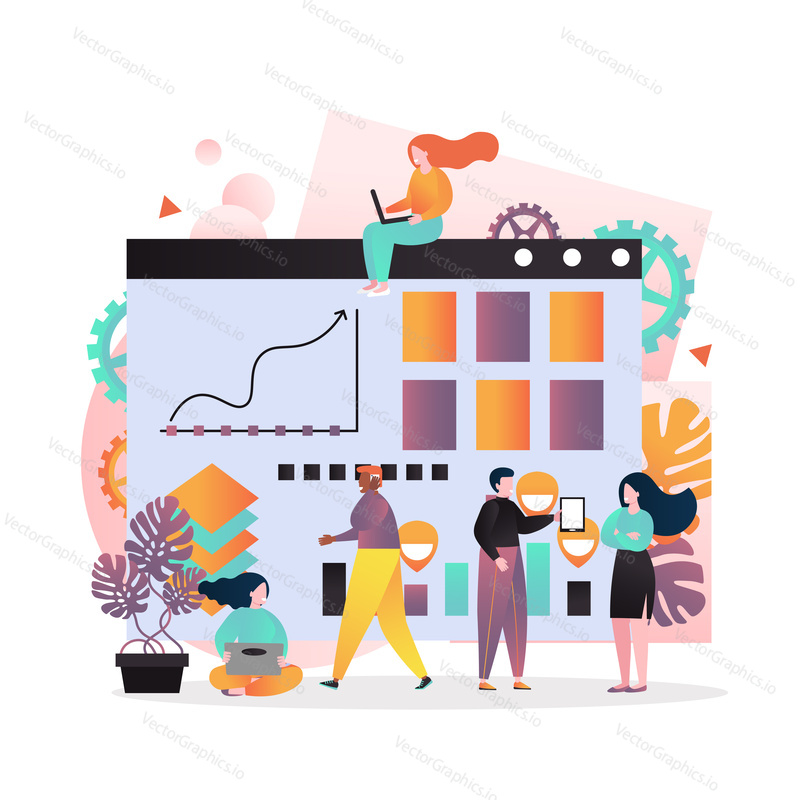 Vector illustration of big strategy dashboard and tiny people employees working toward common goals. Strategic project scheduling, planning and management concepts for web banner, website page etc.