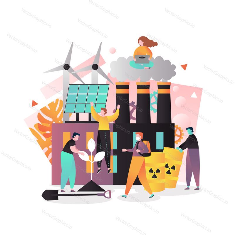 Vector illustration of wind turbines, solar panels, nuclear power plant with smoking pipes, people growing tree, wearing mask. Green energy and nature pollution sources concept for web banner webpage.