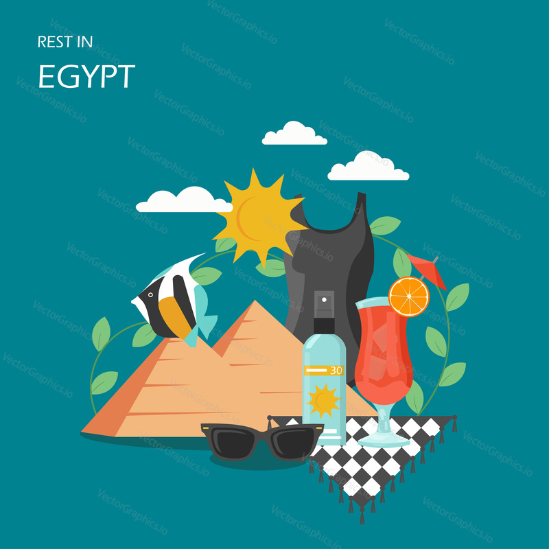 Rest in Egypt vector flat style design illustration. Egyptian pyramids, swimsuit, sunscreen, glass of cocktail, sunglasses, exotic fish. Travel to Egypt composition for web banner, website page etc.
